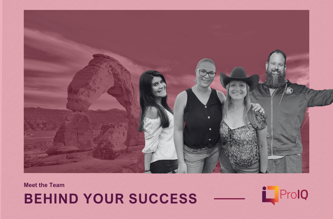 A group photo of the ProIQ marketing team set against a Utah-inspired desert and rock arch background. Overlay text reads “Meet the Team Behind Your Success” with the ProIQ logo.