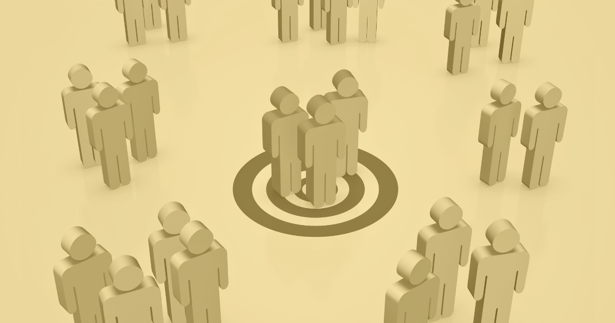 3D illustration of groups of people figures with one group standing inside a digital target, representing geofencing recruiting and location-based candidate targeting.