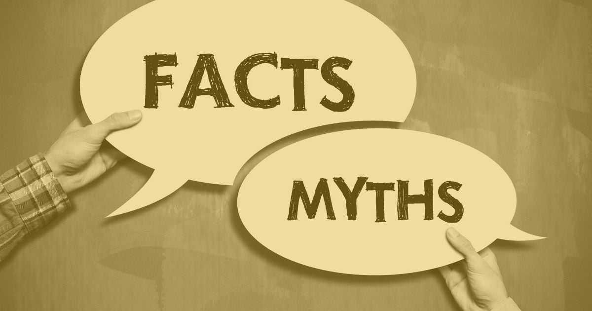 “Hands holding speech bubbles labeled ‘Facts’ and ‘Myths’ representing the truth behind common content marketing myths.