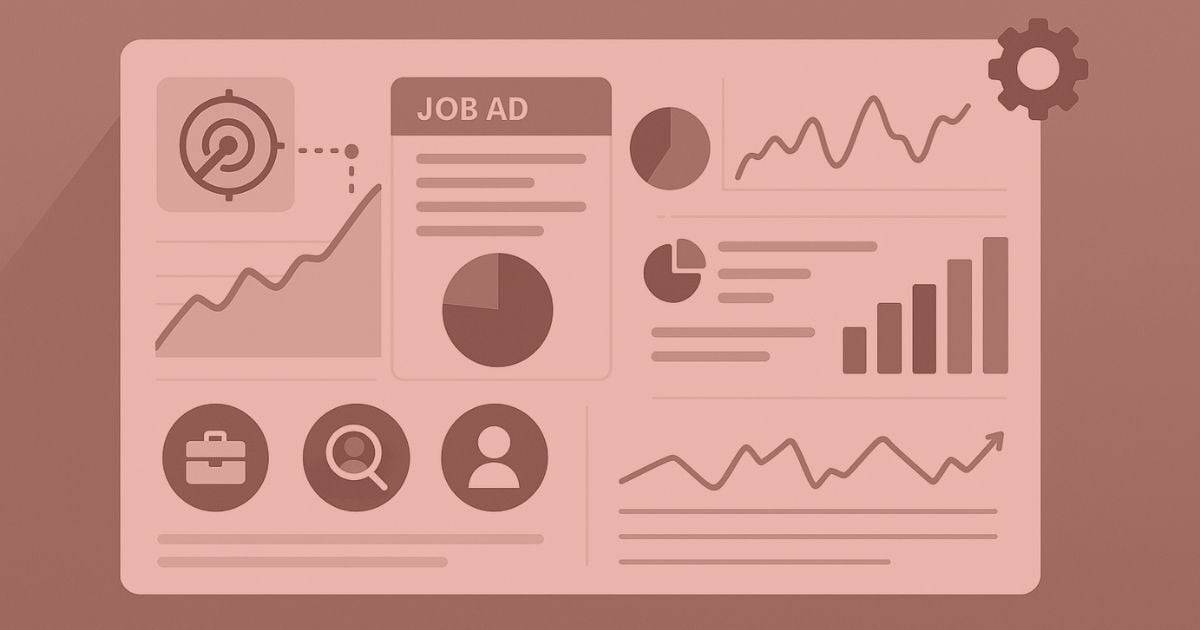 flat design analytics dashboard illustration with charts, graphs, pie charts, line charts, data visualization elements, job ad card, targeting icon, clean white panel on blue gradient background, minimal professional recruiting technology theme, modern vector style