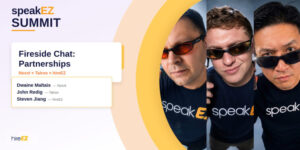 Cover page for the video featuring the Fireside chat from the speakEZ Summit hosted by hireEZ. The image includes three headshots from the participants, Dwaine Maltais, Steven Jiang, and John Redig