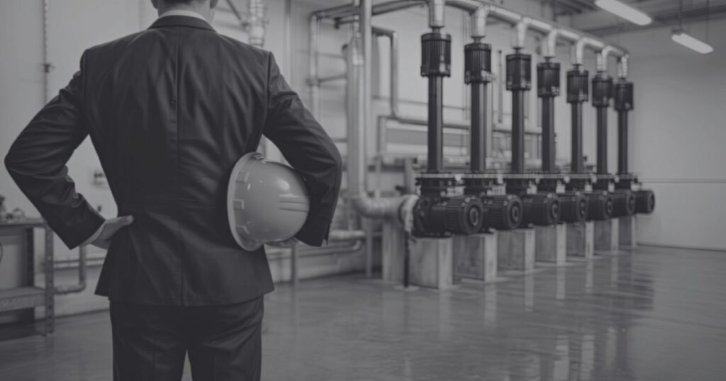 Manufacturing leader standing inside a modern production facility